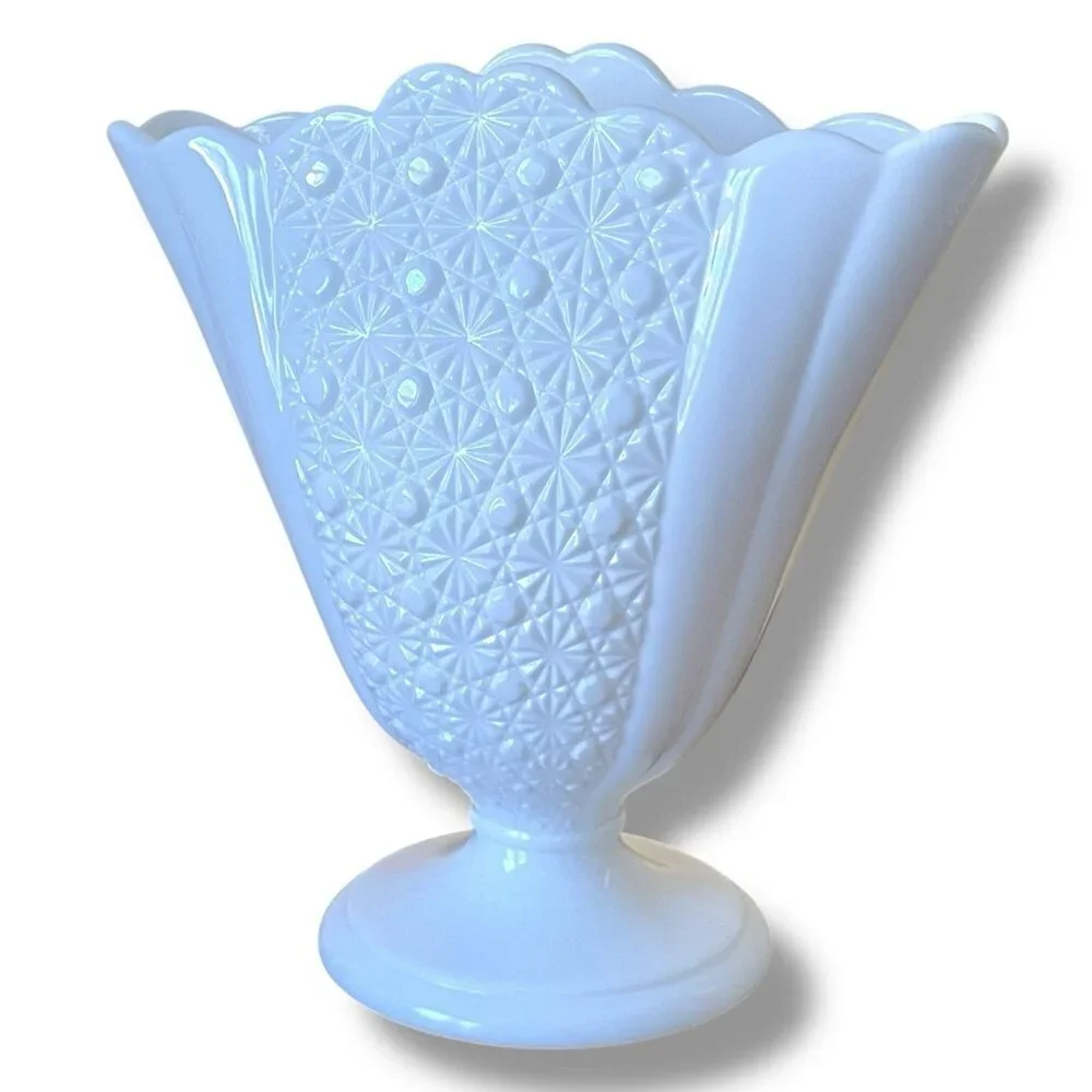 Vintage Fenton Daisy and Button Fan Vase White Milk Glass Cottagecore Farmhouse